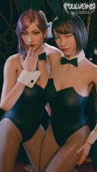 2girls 3d alternate_version_available black_hair bowtie bunny_ears bunnysuit clothed clothed_female female female_only fishnet_legwear fishnet_pantyhose fishnets foulveins fully_clothed lipstick looking_at_viewer purple_hair red_lipstick ryuu_ga_gotoku saeko_mukouda seong-hui tagme wink yakuza_(series)