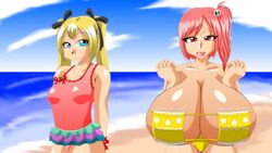 2girls beach big_breasts bikini blonde_hair blue_eyes dead_or_alive eyepatch_bikini honoka_(doa) huge_breasts kaimanwanio looking_at_viewer marie_rose multiple_girls one-piece_swimsuit pink_eyes pink_gair red_hair small_breasts swimsuit