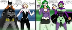 2girls ass_expansion barbara_gordon batgirl batman_(series) before_and_after blonde_hair brainwashing breast_expansion dc dc_comics eye_color_change eyebrow_piercing green_goblin gwen_stacy hair_color_change identity_death joker large_breasts lips marvel navel personality_change polmanning skin_color_change spider-gwen thighs