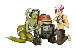 1boy 2girls alien alien_girl alien_humanoid astromech_droid barefoot belt bent_over big_breasts breasts brown_eyes chopper_(star_wars) cleavage clothed clothed_female clothing collarbone colored_hair crop_top dirt dirty disney_xd droid earmuffs eyebrows eyes eyewear feet female front_view fully_clothed goggles goggles_on_forehead green_eyes green_skin hair headgear headwear hera_syndulla holding_object holding_sponge holster human jumpsuit jumpsuit_around_waist kneeling lipstick lucasfilm male mandalorian markings medium_breasts messy multiple_girls open_eyes pants parted_lips pink_lipstick plain_background purple_hair revealing_clothes robot sabine_wren science_fiction shirt short_hair simple_background sleeveless small_breasts smile soap sp0rel0rd sponge sports_bra star_wars star_wars_rebels straight tank_top teeth tentacle tentacle_hair toes trio twi'lek two_tone_hair washing wet white_background yellow_eyes