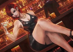 against_table alcohol arm_support armpits bar bioware black_panties bottle chair cleavage clothed commander_shepard crossed_legs dress drink female female_protagonist femshep from_below glass green_eyes hi_res holding_object indoors leather looking_at_viewer martini mass_effect monorirogue necklace panties pantyshot pinup red_hair sitting sleeveless sleeveless_dress smile table upskirt