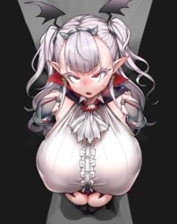 1girls big_breasts blush breasts cham22 chamchami draculina_(last_origin) female grey_hair hair_ornament high_resolution huge_breasts last_origin long_hair pointy_ears red_eyes standing thick_thighs thighhighs tight_clothing twintails vampire white_blouse