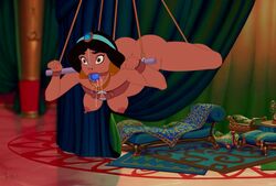 1girls aladdin ball_gag bdsm black_hair blue_ball_gag bondage bound bound_wrists breasts breasts_apart completely_nude_female curtains disney disney_princess drooling earrings erect_nipples erected_nipples exposed_breasts female female_only femsub full_body gag gagged hanging_breasts indoors naked nipples nose_hook nude parted_bangs princess princess_jasmine restrained royalty rug small_breasts solo suspended suspended_in_midair suspension suspension_bondage tension tied_up vice