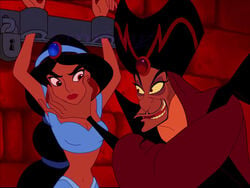 1boy 1girls aladdin bound chained clothed crisibeat cuffed disney disney_princess disney_villains female hands_over_head jafar male menacing princess_jasmine yellow_eyes