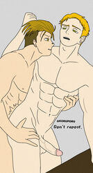 2boys abs attack_on_titan colt_grice erection green_eyes hand_on_breast hand_on_hip koruporu male/male porco_galliard saliva simple_background standing standing_sex tagme yaoi