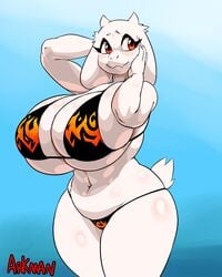 1girls arkman arms_up big_ass bikini blush breasts clothed clothing female female_only furry goat hand_on_cheek hands_behind_head horns huge_breasts looking_away mature_female mostly_nude red_eyes slightly_chubby solo standing swimsuit tail thick_thighs thong_bikini toriel undertale white_fur wide_hips