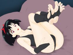 1girls breasts brn feet female inuyasha lips lipstick panties red_eyes self_upload socks soles solo toeless_legwear toeless_socks toes yura_of_the_hair