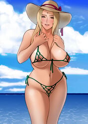 1girls alternate_hairstyle bare_legs bare_shoulders beach big_breasts bikini blonde_hair blue_sky breasts breasts_bigger_than_head brown_eyes cleavage clouds curvaceous curvy curvy_body curvy_female curvy_figure female female_only front-tie_bikini functionally_nude gilf green_bikini hair_down hairy hairy_pussy hat headwear human jnsdh landscape large_breasts loose_hair makeup mature mature_female mature_woman midriff milf naruto naruto_(series) naruto_shippuden navel nipples ocean older_female outdoors parted_lips pinup pubic_hair revealing_swimsuit see-through see-through_bikini shiny_hair shiny_skin shounen_jump side-tie_bikini skindentation sky solo swimsuit tsunade uncensored visible_nipples voluptuous water wide_hips