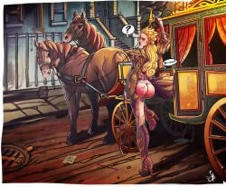 blonde_hair blush bubble_butt carriage embarrassed female horse looking_back pink_thong schroedingertales spoken_question_mark steampunk tattoo_on_butt tattoos thigh_tattoo torn_clothes