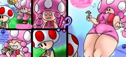 ! !? 1boy 1girls bean_smile big_ass big_belly big_breasts blush chubby clouds comic dialogue expansion luiron mario_(series) mushroom nintendo panties pink_dress power_up shocked shocked_expression sitting smaller_female smaller_male super_mario_bros. taller_girl toad_(mario) toadette transformation white_panties