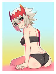 1girls ass ass_cleavage bra butt_crack cougar1404 dat_ass dragon dragon_girl dragon_marked_for_death empress_(dmfd) female_only happy horn horns inti_creates large_breasts looking_at_viewer looking_back monster_girl panties red_eyes red_scales scales scar short_hair smile white_hair