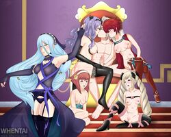 5girls after_fellatio after_oral alternate_costume azura_(fire_emblem) azura_(performing_arts)_(fire_emblem) bare_thighs black_panties blonde_hair blue_hair blue_panties boots camilla_(fire_emblem) chain_leash chains corrin_(fire_emblem) corrin_(fire_emblem)_(male) cousins cum cum_in_mouth cum_on_face cum_on_hand cum_on_penis cum_on_tongue dancer dancing elbow_gloves elise_(fire_emblem) expressionless femsub ffm_threesome fingerless_gloves fire_emblem fire_emblem_fates garter_belt gloves hair_between_eyes handjob harem hinoka_(fire_emblem) kissing large_breasts leash linked_nipples long_hair maledom medium_breasts medium_hair multiple_girls multiple_subs mysterious_dancer naked_boots naked_footwear nintendo nipple_piercing nipple_rings nipple_sleeves nipples nude nude_female open_clothes open_mouth open_shirt panties piercing pink_eyes purple_hair pussy red_eyes red_hair revealing_clothes sakura_(fire_emblem) see-through short_hair sisters skimpy skimpy_clothes slave small_breasts stepbrother_and_stepsister thighhighs threesome throne throne_room throne_sex twintails very_long_hair wavy_hair xeladuart yellow_eyes