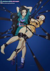 2girls absurdly_long_hair areolae barefoot bdsm black_hair blindfold blue_background bondage bottomless breasts breasts_out diamond_is_unbreakable feet female female_only grin hair_bondage human jojo's_bizarre_adventure large_breasts love_deluxe midriff mosaic_censoring multiple_girls navel nipple_bondage nipples purple_eyes school_uniform shoes short_hair shounen_jump simple_background tape_gag the_dark_mangaka tied_up toes tomoko_higashikata yukako_yamagishi yuri