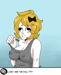 areola_bulge blonde_hair blue_background braless cel_shading chat daddypickle666 derp_eyes derpina english english_text female grey_clothing grey_topwear hairbow half-length_portrait meme nipple_bulge profile_picture rage_comics short_hair signature smile taking_clothes_off tank_top trollface white_skin