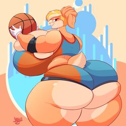 1:1 absurd_res anthro ass ball basketball basketball_(ball) basketball_uniform big_breasts big_butt blonde_hair bottomwear breasts clothed clothing female gloves hair handwear hi_res huge_breasts huge_butt hyper hyper_breasts jaeh lagomorph leporid looney_tunes mammal patricia_bunny rabbit scut_tail shorts solo text_on_topwear the_looney_tunes_show thick_thighs topwear warner_brothers