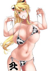 1girls 2021 areola areola_slip artoria_pendragon artoria_pendragon_(lancer) bare_shoulders belly big_breasts bikini bikini_bottom bikini_top bikini_top_pull bikini_top_removed blonde_hair breasts cleavage cow_ears cow_horns cow_print eyebrows eyebrows_visible_through_hair eyelashes fake_animal_ears fake_horns fate_(series) female female_focus female_only green_eyes holding holding_in_mouth huge_breasts long_hair navel nipple_bulge soba_(saz) solo solo_female solo_focus standing stomach