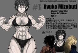 1girls anastasiya_(zokusuke) black_hair blonde_hair bra brown_eyes character_profile character_sheet dark_skin japanese japanese_text kali_(zokusuke) light_skin long_hair muscular muscular_arms muscular_female muscular_legs muscular_thighs original panties ryuko_mizobuti_(zokusuke) sharp_teeth short_hair smile spiky_hair tattoo text thick_thighs translation_request zokusuke