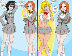 2girls ankle_socks anklehighs arisawa_tatsuki ass_expansion before_and_after bimbo bimbofication bleach brainwashing breast_expansion comic english_text eye_color_change frilled_legwear frilled_socks gyaru hair_color_change identity_death inoue_orihime kobi-tfs large_ass large_breasts lip_expansion lips multiple_girls navel pink_socks shounen_jump socks tan tatsuki_arisawa text thick_thighs transformation_sequence white_socks wide_hips