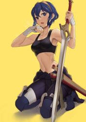 1girls absurdres bare_arms bare_midriff bare_shoulders black_bra blue_eyes blue_hair ebinku falchion_(fire_emblem) female female_only fire_emblem fire_emblem_awakening gloves hair_between_eyes highres human human_only lucina_(fire_emblem) nintendo pants shirtless short_blue_hair short_hair simple_background small_breasts solo solo_female sports_bra sweat sweating sword toned toned_female weapon workout workout_clothes