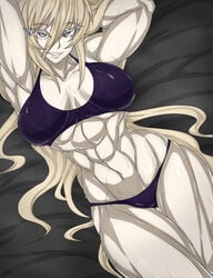 1girls abs anastasiya_(zokusuke) arms_behind_head bed bikini blonde_hair grey_eyes long_hair looking_at_viewer muscular muscular_arms muscular_female muscular_legs muscular_thighs original pale_skin smile sweat wet zokusuke