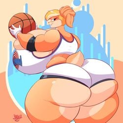 1:1 absurd_res anthro ass ball basketball basketball_(ball) basketball_uniform big_breasts big_butt blonde_hair bottomwear breasts clothed clothing female gloves hair handwear hi_res huge_breasts huge_butt hyper hyper_breasts jaeh lagomorph leporid looney_tunes mammal patricia_bunny rabbit scut_tail shorts solo text_on_topwear the_looney_tunes_show thick_thighs topwear warner_brothers