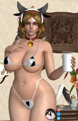 1girls 3d aphrodite_(smite) areola_slip bikini blonde_hair blue_eyes bra breasts cow_bell cow_bikini cow_ears cow_girl cow_print cow_tail glass goddess greek_mythology lactation large_breasts long_hair looking_at_viewer micro_bikini milk panties smite theobscureone xnalara