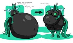 anthro anthrofied bbw black_skin bug_wings chubby cutie_mark digestion english_text female female_only green_hair green_nipples horn huge_belly implied_vore massive_belly mizz-britt monster_girl my_little_pony obese post_vore queen_chrysalis_(mlp) tail tattoo unseen_character vore weight_gain wide_hips