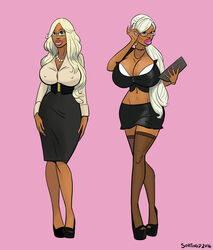 bimbo bra_cups_sticking_out business_woman cleavage female glasses high_heels jewelry platform_heels secretary sortimid tan thick_lips thighhighs