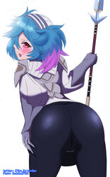 1girls ass back_view back_viewer blue_hair clothed_ass fire_emblem fire_emblem_fates lance large_ass leggings looking_at_viewer looking_back medium_hair nintendo pantyhose partially_visible_vulva peri_(fire_emblem) pibu red_eyes smile solo solo_female spear sticking_out_tongue tongue tongue_out twintails weapon