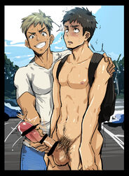 2boys backpack balls bar_censor bating bator beating_off big_penis blush boner clothed/nude clothed_male_nude_male clothed_on_nude clothing completely_naked completely_nude ear_piercing erect_nipples erect_penis erection exhibitionism gay gooner gooning hairless_balls handjob happy_trail hard_on hutoshi_miyako imminent_orgasm jacking_off_another jerking jerkingoff_another kyouta_(a01891226) large_penis male male/male male_focus male_masturbation male_nipples male_only male_pubic_hair masturbating_other masturbation multiple_males nude_male one_handed_masturbation pecs penile_masturbation penis pubic_hair public_nudity seiji_toprush short_hair standing_male standing_masturbation stiffy stroking stroking_cock stroking_penis tan toned toned_male treasure_trail veiny_penis wanking yaoi