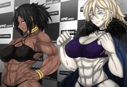 2girls abs anastasiya_(zokusuke) black_hair blonde_hair bra bracelet choker cloak collar dark_skin frown gold grey_eyes jewelry kali_(zokusuke) multiple_girls muscular muscular_arms muscular_female muscular_legs muscular_thighs original pale_skin panties ponytail smile zokusuke