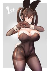 1girls 2021 :3 ai_gon_deroga armwear big_breasts black_armwear black_legwear black_leotard black_pantyhose blush breasts bunny_ears bunny_girl bunny_girl_(ai_gon_deroga) bunny_tail bunnysuit cleavage covered_navel covered_nipples dark_hair eyebrows_visible_through_hair eyelashes female female_focus female_only grey_background legwear leotard looking_at_viewer mole mole_on_breast original original_character pantyhose playboy_bunny simple_background smile solo solo_female solo_focus white_wrist_cuffs wrist_cuffs