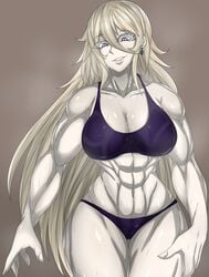 1girls anastasiya_(zokusuke) blonde_hair bra earrings female_only grey_eyes muscular_arms muscular_female muscular_legs muscular_thighs original pale_skin panties smile sweat wet zokusuke