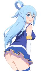 1girls aqua_(konosuba) blue_eyes blue_hair embarrassed female_only kono_subarashii_sekai_ni_shukufuku_wo! medium_ass medium_breasts no_panties nyaroon simple_background skirt smile