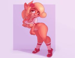 1girls anormaluser anthro blonde_hair bottomless bubble_butt butt butt_crack coco_bandicoot crash_(series) female green_eyes large_breasts lifted_shirt nipples shoes socks solo thick_thighs tongue tongue_out wide_hips