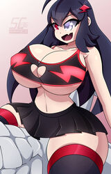 big_breasts black_shirt black_skirt blue_eyes blue_hair grey_eyes half-closed_eyes image_sample lack legs legs_held_open mouth mouth_hold mouth_open muscular_male red_eyes sc136 sc_chan shirt skirt tagme