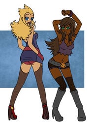 2girls ass belt bimbo bimbofication blackification blue_background dancing ebonization fishnets growth hair_color_change hair_growth high_heel_boots high_heels identity_death latinaification original_character race_swap transformation white_background wrenzephyr2