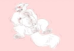 2017 anthro balls belly blush bodily_fluids canid canine closed_eyes cum curritoss disney erection fox genital_fluids genitals gideon_grey male mammal masturbation moobs overweight overweight_male penis pink_background simple_background solo zootopia