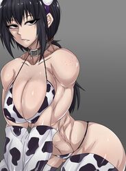 1girls abs bikini black_eyes black_hair choker collar cow_print cow_print_bikini elbow_gloves freckles frown head_band kneeling light_skin looking_at_viewer muscular muscular_arms muscular_female muscular_legs muscular_thighs original scar short_hair takano_togainu_(zokosuke) thighhighs zokusuke