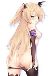 anus ass asymmetrical_legwear bangs bare_shoulders black_legwear blonde_hair blush breasts bridal_gauntlets cleft_of_venus clothes_pull cowboy_shot eyebrows_visible_through_hair female fischl_(genshin_impact) from_behind genshin_impact green_eyes hair hair_ornament highres long_hair looking_at_viewer looking_back medium_breasts nipples nude open_mouth pantyhose pantyhose_pull pussy simple_background single_bridal_gauntlet single_leg_pantyhose smile solo thighhighs toeri two_side_up uncensored white_background