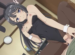 1boy 1girls azusagawa_sakuta breasts bunny_ears bunnygirl bunnysuit cowgirl_position hedit leotard leotard_aside looking_at_viewer nipples penis pussy pussy_juice sakurajima_mai seishun_buta_yarou_wa_bunny_girl_senpai_no_yume_wo_minai sex torn_clothes uncensored vaginal_penetration