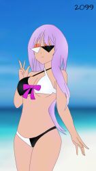 1girls bikini black_and_white_bikini extreme2099 female female_only glasses lilac_hair loomian_legacy naya_(loomian_legacy) purple_bow purple_hair roblox roblox_game skimpy solo source_request sunglasses tagme thighs v