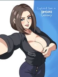 1girls beauty_mark blue_eyes breasts brown_hair cleavage clothed female female_only large_breasts samsung samsung_galaxy samsung_sam selfie solo tagme tinafate1 tongue_out unzipping