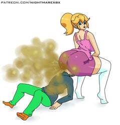 1boy 1girls ass ass_on_face ass_sniffing big_ass blonde_hair blue_eyes breasts clothed clothing facesitting fart fart_fetish female female_focus full_body huge_ass male mario_(series) nightmarexbx nintendo ponytail princess_peach simple_background sitting size_difference smothering sniffing tied_hair white_background