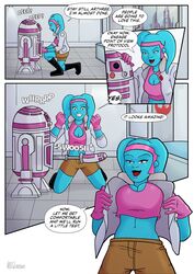 alien astromech_droid blue_skin comic dildo jacket no_humans nsfworksaur pink_bra robot shorts sports_bra star_wars twi'lek