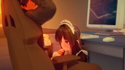 blowjob cock_worship computer cosplay cum_in_mouth cum_on_tongue female gloves hand_holding hand_on_penis koikatsu light-skinned_female light_skin maid maid_headdress male original_character original_characters pale-skinned_female pale_skin penis pink_eyes under_the_table