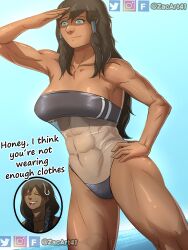 2girls abs avatar_legends beach bikini bikini_top blue_eyes dark-skinned_female dark_hair dark_skin fanart female fitness gris_swimsuit korra long_hair medium_breasts muscle muscles one-piece_swimsuit senna_(tlok) straight_hair swimsuit the_avatar the_legend_of_korra water_tribe zacart41