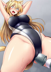 animal_ears arms_behind_head arms_up big_breasts blonde blonde_hair blush blushing breasts cameltoe cat_ears cat_girl cat_humanoid cat_tail catgirl fangs green_eyes hand_behind_head hand_on_head hands_behind_head hands_on_head hitachi_magic_wand looking_at_viewer looking_down nekomimi nokoppa one-piece_swimsuit original pussy pussy_juice pussy_juice_drip standing sweat swimsuit swimwear tagme vibrator wet wet_pussy wet_swimsuit