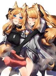 2futas animal_ears arknights armor aunt aunt_and_niece big_penis biting biting_lip black_gloves blemishine_(arknights) blonde_hair blue_eyes blush bottomless censored clothed clothing commentary_request cowboy_shot drooling duo elbow_gloves erection eyebrows_visible_through_hair futa_on_futa futa_only futa_sans_balls futanari gloves heart heart-shaped_pupils highres horse_ears horse_girl horse_penis horse_tail horsecock humanoid humanoid_penis incest kemonomimi large_penis light-skinned_futanari light_skin looking_at_viewer mirin_chikuwa mosaic_censoring mostly_clothed mostly_nude multiple_futa niece no_hat no_headwear open_mouth pale_skin partially_clothed penis penis_size_difference ponytail precum sex sex_from_behind simple_background standing symbol-shaped_pupils tail thigh_sex whislash_(arknights) white_background yellow_eyes