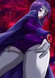 1girls ass ass_grab back_view blush cameltoe cape clothed dat_ass dc dc_comics from_below galaxy grey_skin leotard looking_at_viewer looking_back looking_down open_mouth pinup presenting purple_eyes purple_hair rachel_roth raven_(dc) short_hair solo solo_focus star straight_hair teen_titans xkorner